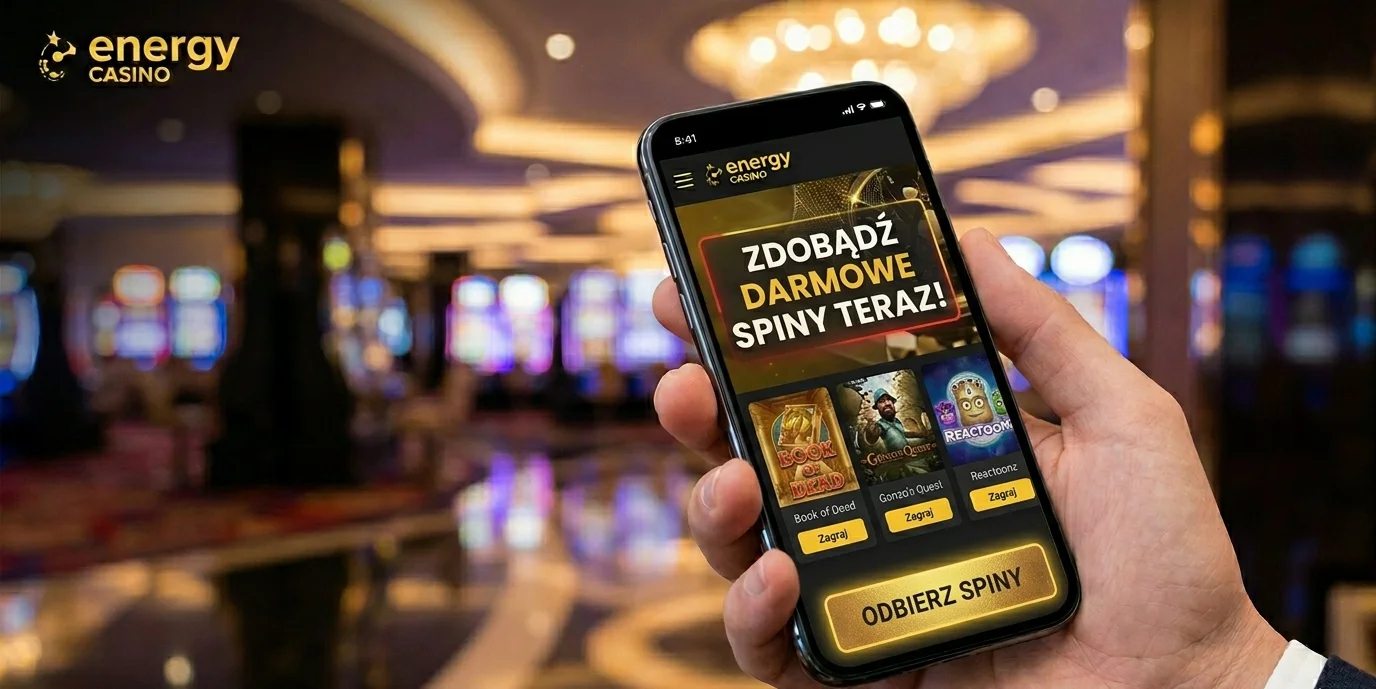 Promocja darmowych spinów Energy Casino na ekranie telefonu