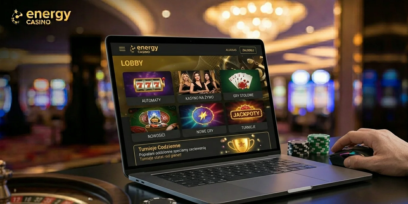 Lobby gier Energy Casino na laptopie z kategoriami automaty, kasyno na żywo i jackpoty